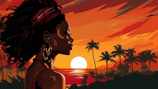 Profil d'une femme noire avec une coiffure nationale africaine sur le fond du vecteur solaire