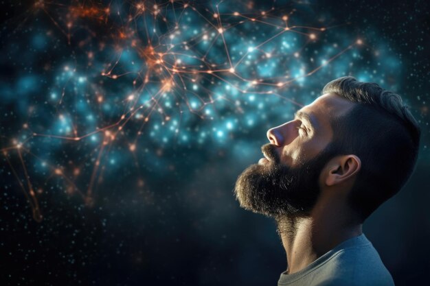 Photo profil d'homme barbu avec des neurones cérébraux pensant au ciel nocturne cosmique