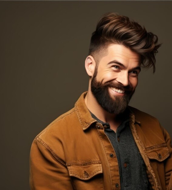 Profil d'un homme beau et joyeux avec une coiffure à la mode et une barbe souriant brillamment et montrant un espace libre pour la publicité