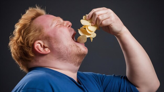 Photo profil d'un homme obèse avec les cheveux roux inclinant la tête en arrière sur le point de dévorer un gros tas de chips de pommes de terre