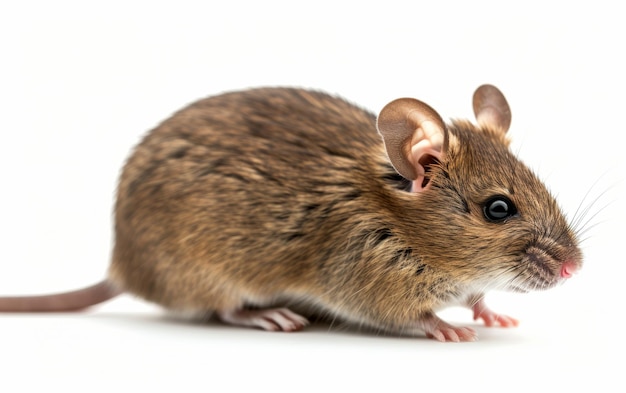 Profil latéral d'une souris brune sur un fond blanc montrant des détails de fourrure fine et des moustaches