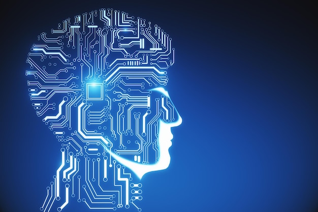 Profil masculin de circuit abstrait sur fond bleu Concept d'intelligence artificielle rendu 3D