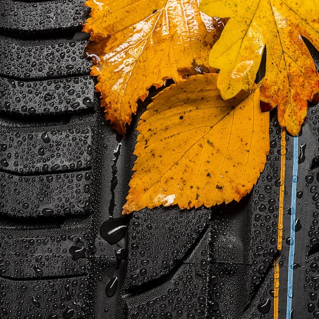 Photo profil de pneu de voiture avec des feuilles d'automne et des gouttes de pluie