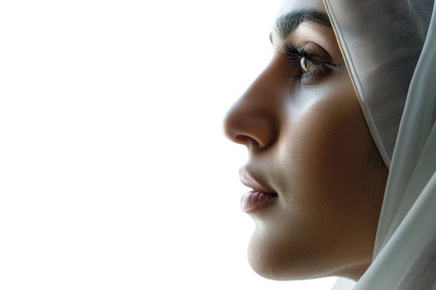 Profil d'un visage de femme arabe saoudienne avec une peau parfaite isolée sur un fond blanc