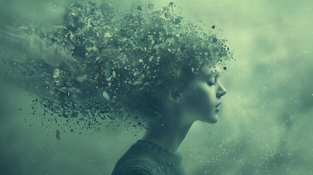 Profile de la femme santé mentale le stress laisse des branches tourbillonnant l'esprit les cheveux verts