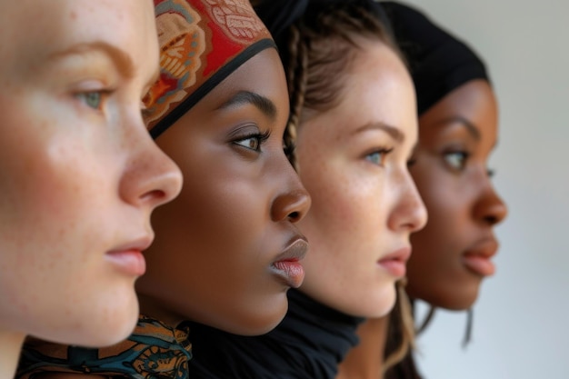 Profile de femmes diverses avec des coiffures uniques Vue rapprochée du profil latéral de femmes diverses présentant des cheveux uniques