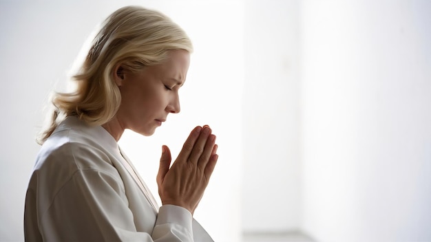 Photo profile latéral d'une femme blonde priant contre un blanc