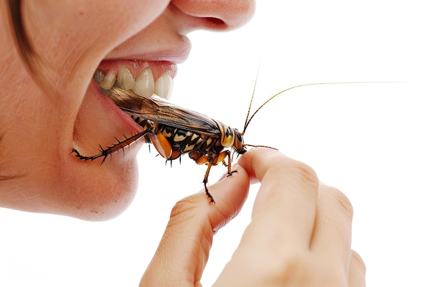 Profile de personne mangeant des insectes Apporte les insectes à la bouche Concept de substitut à la viande d'insectes frits