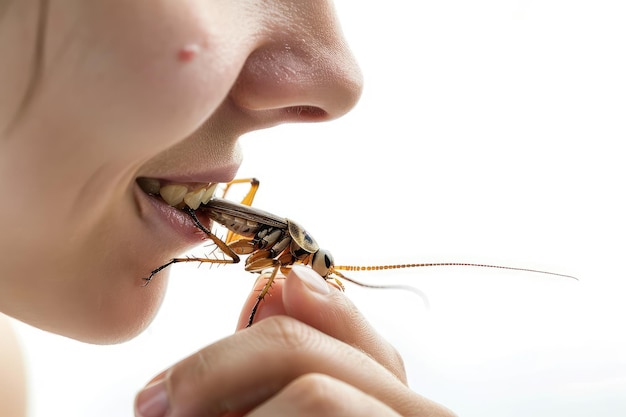 Profile de personne mangeant des insectes Apporte les insectes à la bouche Concept de substitut à la viande d'insectes frits