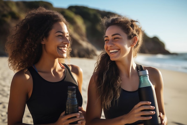 Profitant de la forme physique d'été Deux femmes riant et se tenant la main Generative Ai