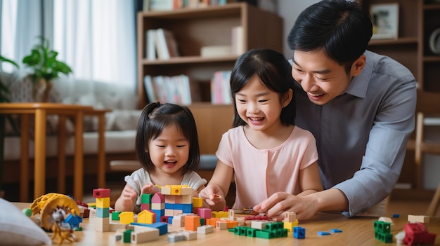 Profitez d'un amour heureux, père et mère d'une grande famille asiatique avec une petite fille souriante, activité d'apprentissage et d'entraînement cérébral, jeu avec des jouets, construction de blocs de bois, jeu éducatif à la maison