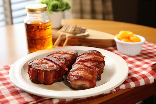 Profitez d'un déjeuner dans une salle à manger confortable avec des filets enveloppés de bacon sur la table en bois