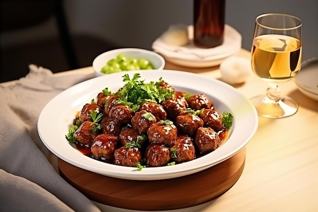 Profitez d'un dîner en famille à la maison avec des boulettes de viande et de la bière sur le fond de la salle à manger confortable