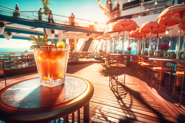 Profitez du soleil sur le pont d'un bateau de croisière d'été avec des cocktails à la main