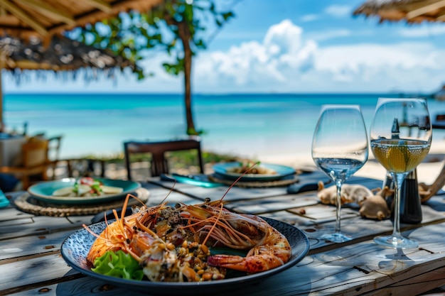 Photo profitez d'une expérience de restauration luxueuse au bord de la plage avec des fruits de mer gourmands, de beaux vins et une vue imprenable sur l'océan dans un paradis tropical tranquille.