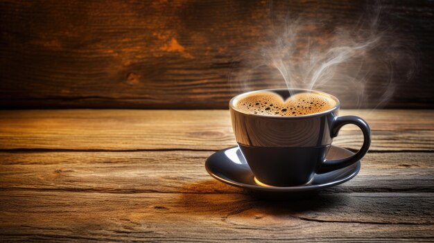 Profitez d'un moment confortable avec une tasse de café traditionnelle avec de la vapeur en forme de cœur sur du bois rustique