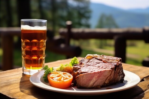 Profitez de la vue sur le jardin l'après-midi avec du rôti et de la boisson gazeuse pour le déjeuner sur la table en bois