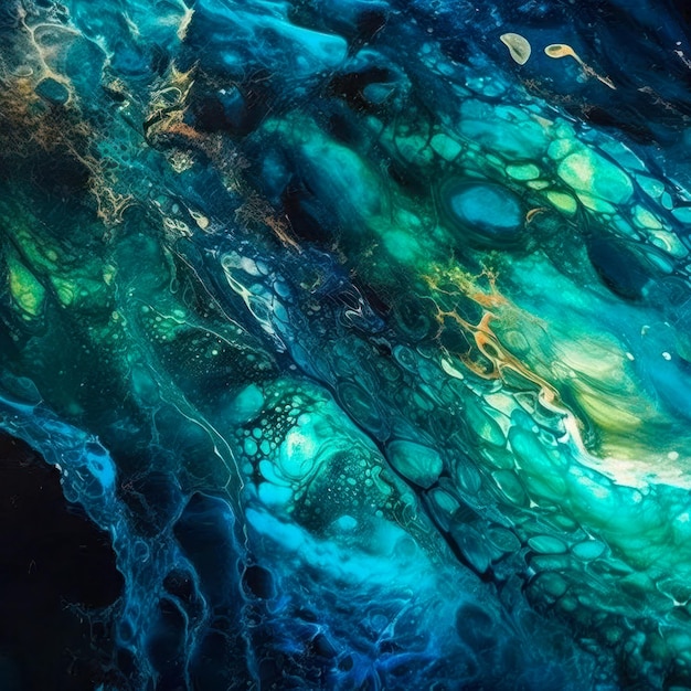 Profondeurs océaniques Créez une image d'art fluide qui présente des nuances profondes de bleu et de vert rappelant les eaux de l'océan Ajoutez des accents métalliques pour créer de la profondeur et de l'éclat