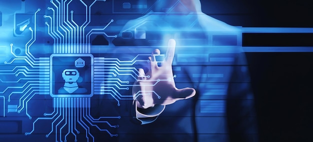 Programme informatique de chatbot Homme d'affaires développant un web design numérique virtuel à l'aide de la technologie de l'intelligence artificielle