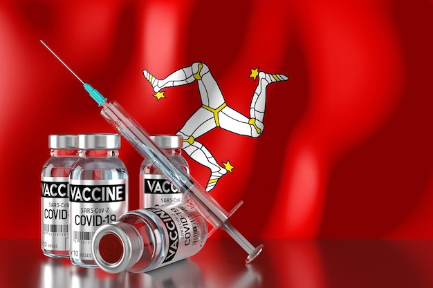 Programme de vaccination contre le coronavirus Covid19 SARSCoV2 à l'île de Man quatre flacons et seringue illustration 3D