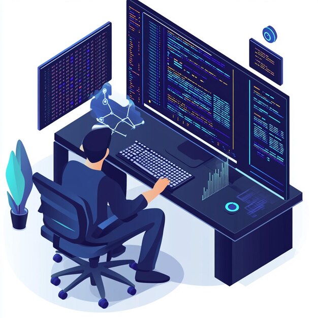 Programmer working on code with multiple screens and data visualization