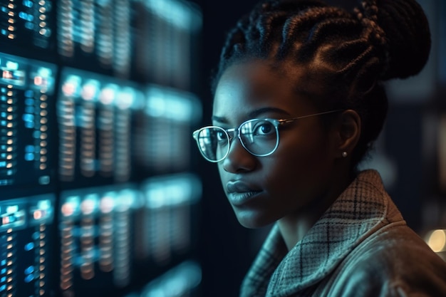 Programmeur de codeur femme noire afro-américaine à l'aide d'un ordinateur pour l'écran de codage avec des lignes de code copyspace AI générative