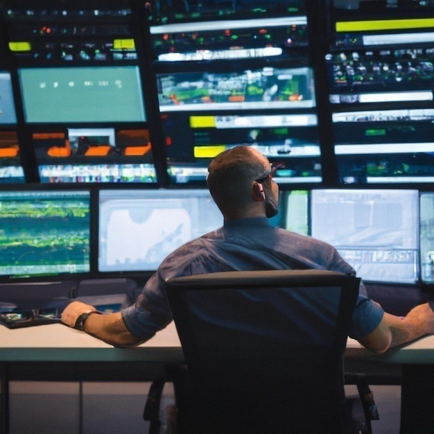 Programmeur informatique intelligent travaillant sur un ordinateur de bureau dans la salle de contrôle du système technique du centre de données