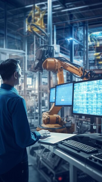 programmeur professionnel de l'industrie ingénieur travaillant avec des bras robotiques d'automatisation sur l'interface dans