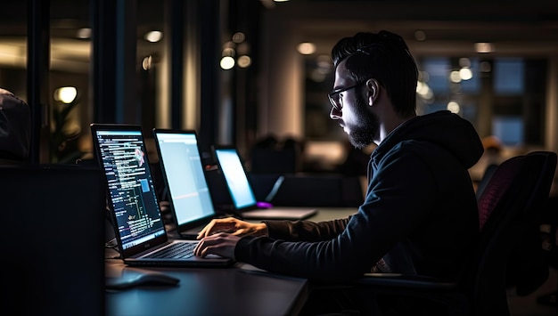 Programmeur travaillant sur un ordinateur tard dans la nuit dans un bureau sombre