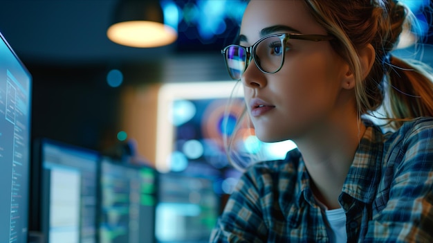 Une programmeuse blanche qui programme un programme informatique au bureau.