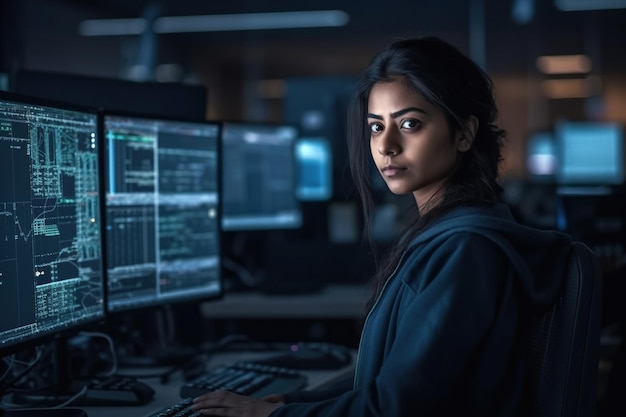Une programmeuse informatique indienne est décrite comme une professionnelle confiante et qualifiée travaillant sur un ordinateur de bureau Generative AI