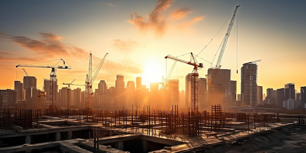 Progrès spectaculaires des gratte-ciel au coucher du soleil et industrie sur le site de construction urbaine générés par l'IA