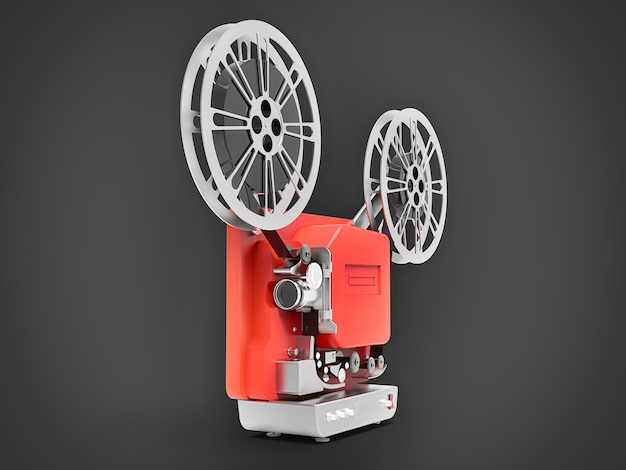 Projecteur de film de cinéma 3d rouge isolé sur fond gris. Rendu 3D.