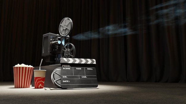 Photo projecteur de film et rendu 3d de pop-corn en ardoise