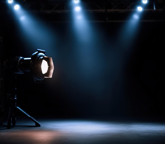 Un projecteur sur une scène avec un fond noir avec des lumières bleues.