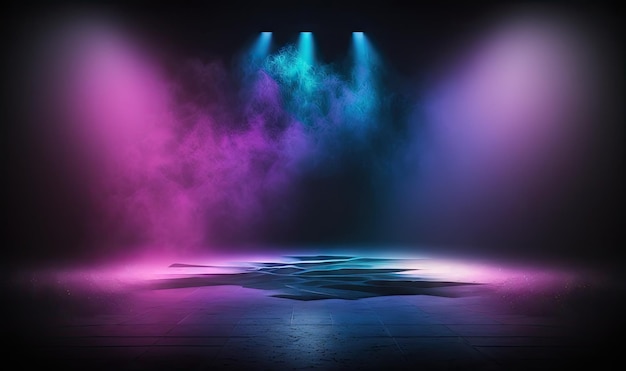Projecteurs au néon sur scène sombre vide avec fond bleu violet et rose foncé