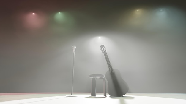 Des projecteurs colorés repèrent un instrument de musique sur une scène avec de la fumée de neige carbonique (Rendu 3D)