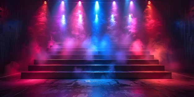 Des projecteurs colorés sur une scène vide créant une atmosphère vibrante et dynamique pour l'affichage du produit ou la performance Concept Stage Lighting Product Display Atmosphère vibrant Couleurs dynamiques