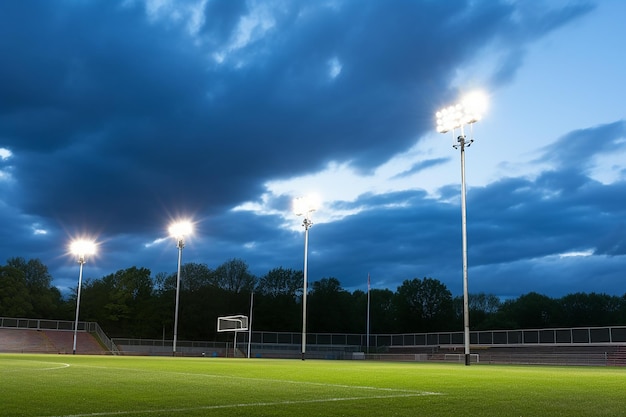 Les projecteurs du terrain de sport contre le ciel du soir