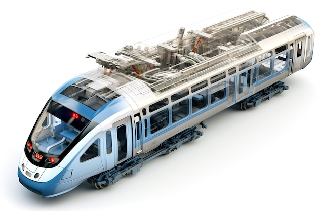 Projection d'un train moderne ou d'une locomotive électrique Visualisation graphique 3D montrant l'analyse et l'optimisation d'un prototype de train entièrement développé Technologies modernes du génie mécanique