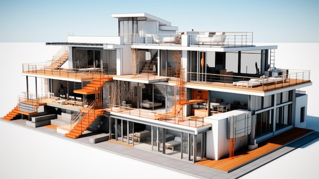Projet 3D d'une maison de luxe moderne sur fond gris Illustrateur d'IA générative