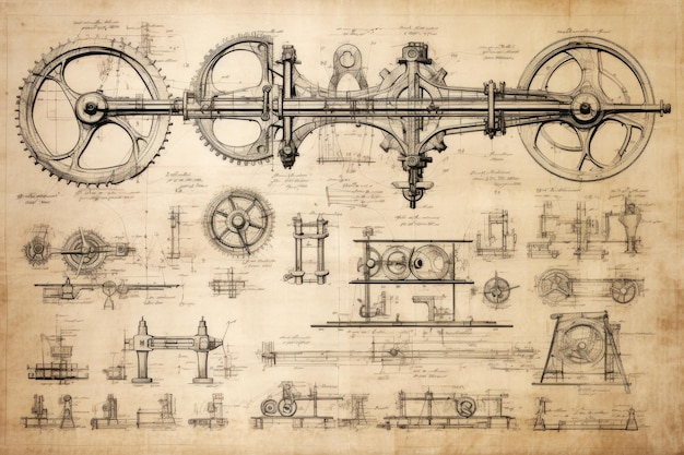 Photo projet ancien d'un dispositif technique ou d'une machine dessiné à la main projet de moteur ai généré