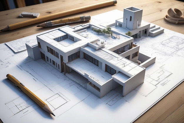 Projet d'architecture montrant différentes phases de conception, des spécifications de construction de croquis faits à la main au rendu 3D réaliste.