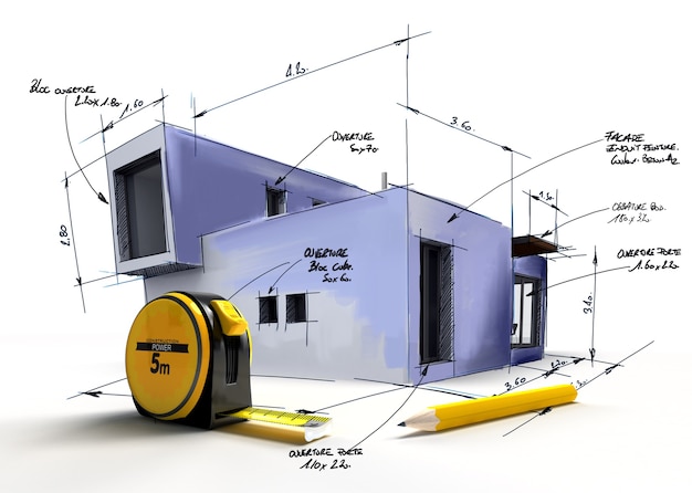 Photo projet de bâtiment moderne avec des notes et des mesures par un crayon et un ruban à mesurer