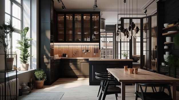 Projet de design d'intérieur de cuisine dans la rénovation d'appartements de style lumière naturelle généré par l'IA