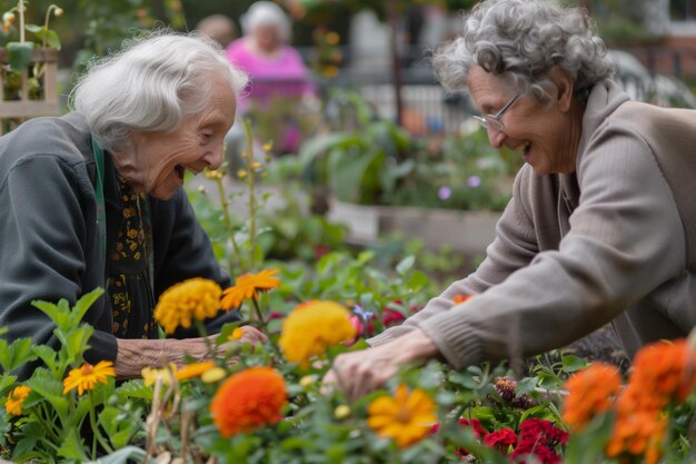 Projet de jardinage dans lequel des personnes âgées cultivent ensemble des parterres de fleurs et des poteaux de légumes vibrants