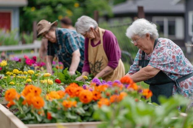 Projet de jardinage dans lequel des personnes âgées cultivent ensemble des parterres de fleurs et des poteaux de légumes vibrants