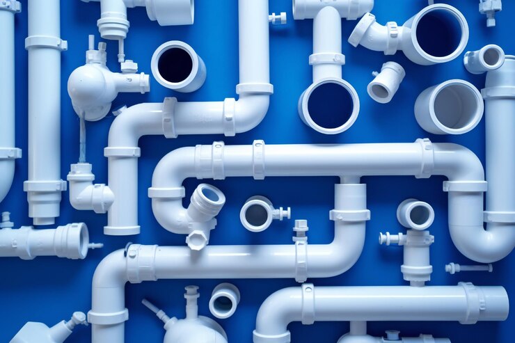 Photo projet de tuyaux et de connexions de plomberie blancs sur fond bleu
