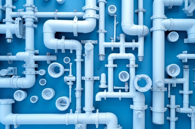 Photo projet de tuyaux et de connexions de plomberie blancs sur fond bleu