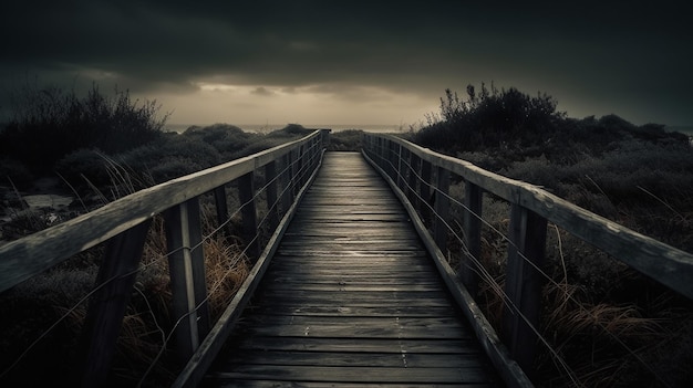 Une promenade en bois avec un ciel nuageux au-dessus